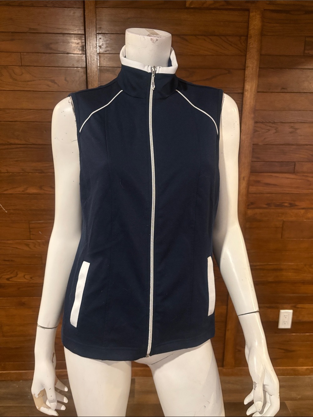 Source Unknown Navy and White Sleeveless Zip Vest